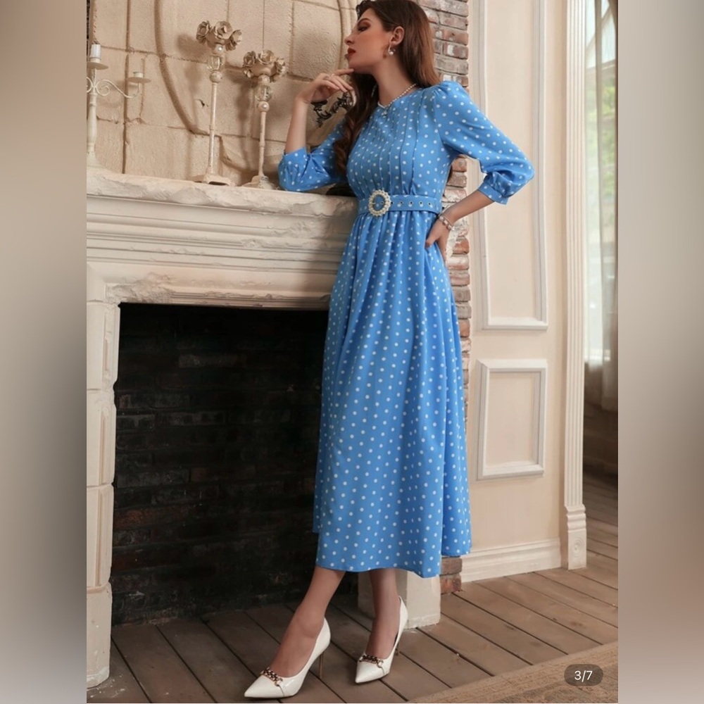 Modelyn Polka Dot Print Puff
Sleeve Belted Dress SHEIN